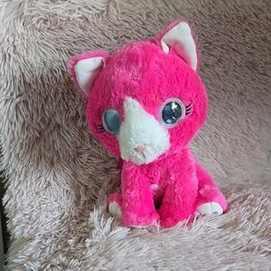 Bright Eyes Charming Pink and White Plush Cat Toy with Glittery Eyes 10 in